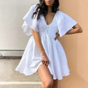 New Spring Arrivals Latest Linen Clothes Wholesale 2023 Girl Clothing Women Linen Dress European V Neck Flared Sleeve White - Image 2