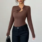 Customize Sexy Asymmetric Neck Women's Tops Breathable Elastic Long Sleeve T-shirt