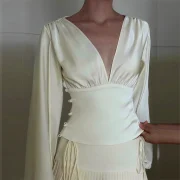 Custom Solid Tie Bow Blouse Shirt for Women Breathable Long Sleeve V Neck Casual Women Shirt - Image 3