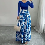 Custom Long Sleeve V Neck Casual Dresses Digital Print Flower Elegant Slim Fit A-Line Women Maxi Dress