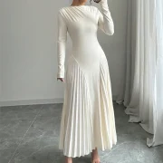 Custom Long Sleeve Boat Neck Dress Pleats A-Line Slim Waist Women Maxi Dress - Image 4