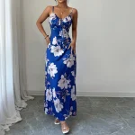 Custom Sexy Halter Sleeveless Flower DTG Prints V Neck Tie Bow Sheath Dress Slimming Fit Maxi Long Dress