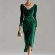 Women's Solid Color Long Sleeve V Neck Dress Softy Velvet Pleated Slim Fit Midi Dress