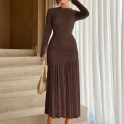 Women's Solid Color Long Sleeve Ankle-Length Dress High Collar Pleated Slim Fit Maxi Dress