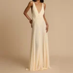 Women's Summer Deep V Neck Sleeveless Backless Floor-Length Beige Chiffon Wedding Maxi Dress