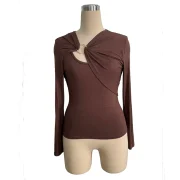 Customize Sexy Asymmetric Neck Women's Tops Breathable Elastic Long Sleeve T-shirt - Image 4