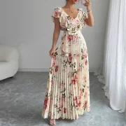 Custom Sexy Sleeveless Flower DTG Prints V Neck Tie Bow Pleats Dress Slimming Fit Maxi Dress